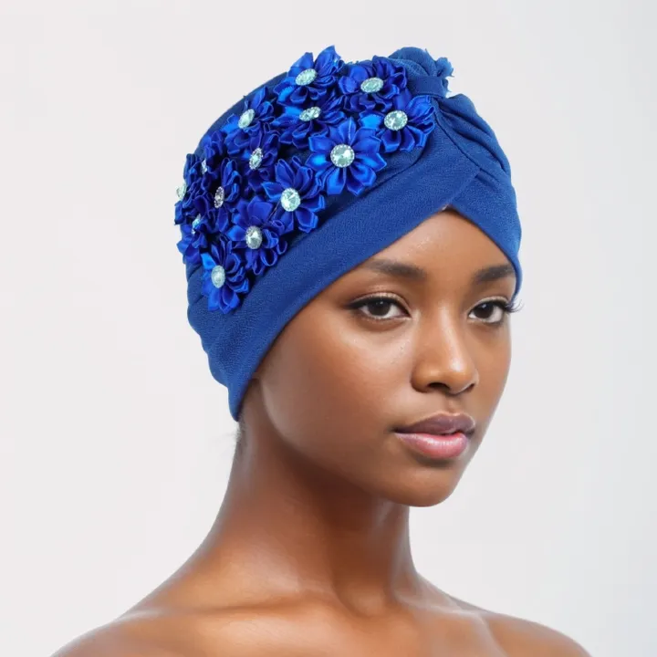 Women Flower Turban HatsAfrican Knotted Beanie Cap - Ruffle Pre Tied Headwrap Caps Chemo Beanies Hijab Headscarf for Cancer Patient Hair Loss