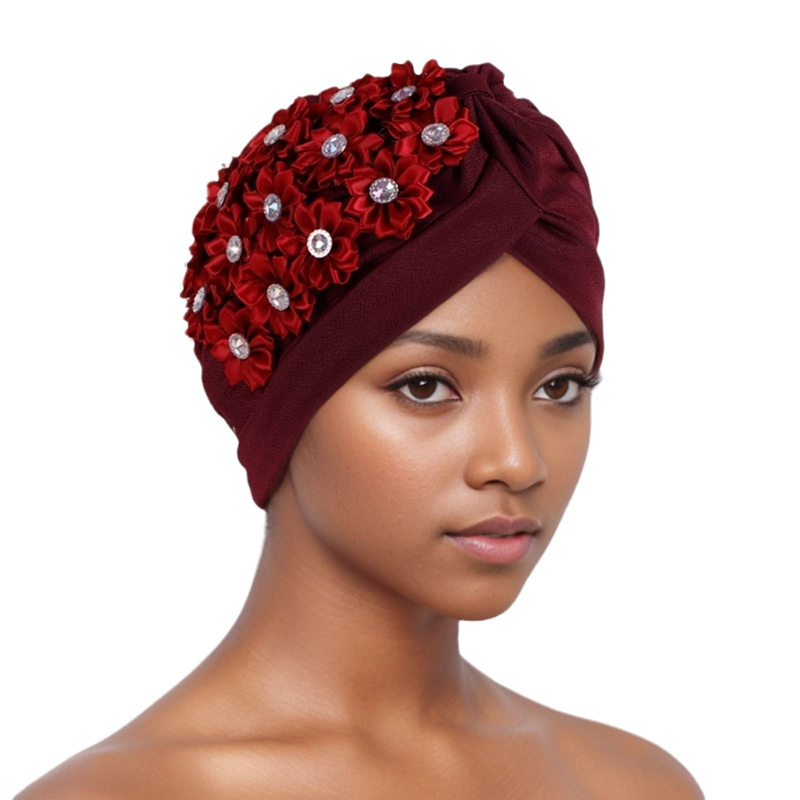 Women Flower Turban HatsAfrican Knotted Beanie Cap - Ruffle Pre Tied Headwrap Caps Chemo Beanies Hijab Headscarf for Cancer Patient Hair Loss
