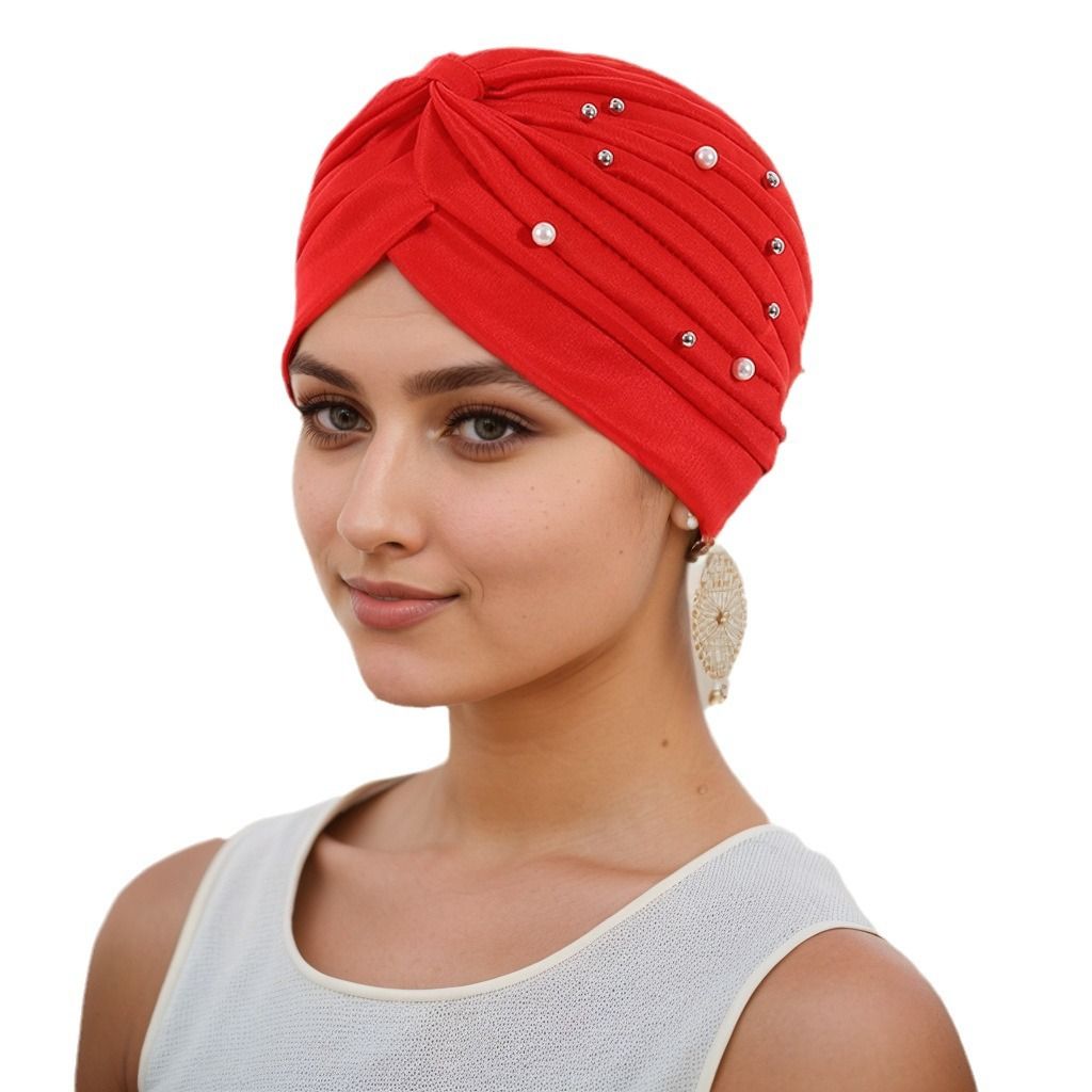 Women Turbans Cap Pre Tied Knot Headwrap Faux Pearl African Head Wrap Beanie Bonnet Hijab Soft Stretch Headscarf Cap