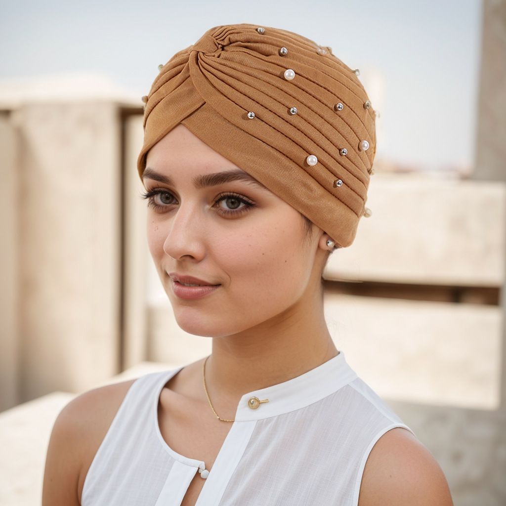 Women Turbans Cap Pre Tied Knot Headwrap Faux Pearl African Head Wrap Beanie Bonnet Hijab Soft Stretch Headscarf Cap