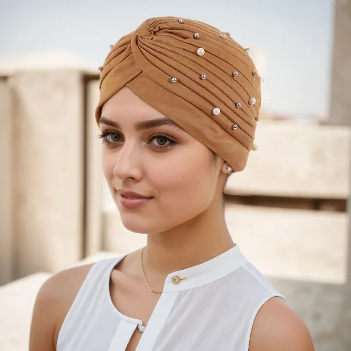 Women Turbans Cap Pre Tied Knot Headwrap Faux Pearl African Head Wrap Beanie Bonnet Hijab Soft Stretch Headscarf Cap