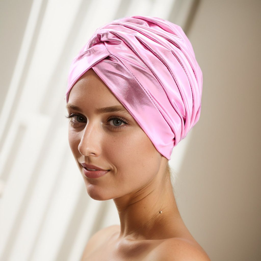 Turban Hats for Women Silk Bronzing Light Plate Landlord African Indian Landlord Muslim Scarfs Head Wrap Headwear Black Pink - - One Size