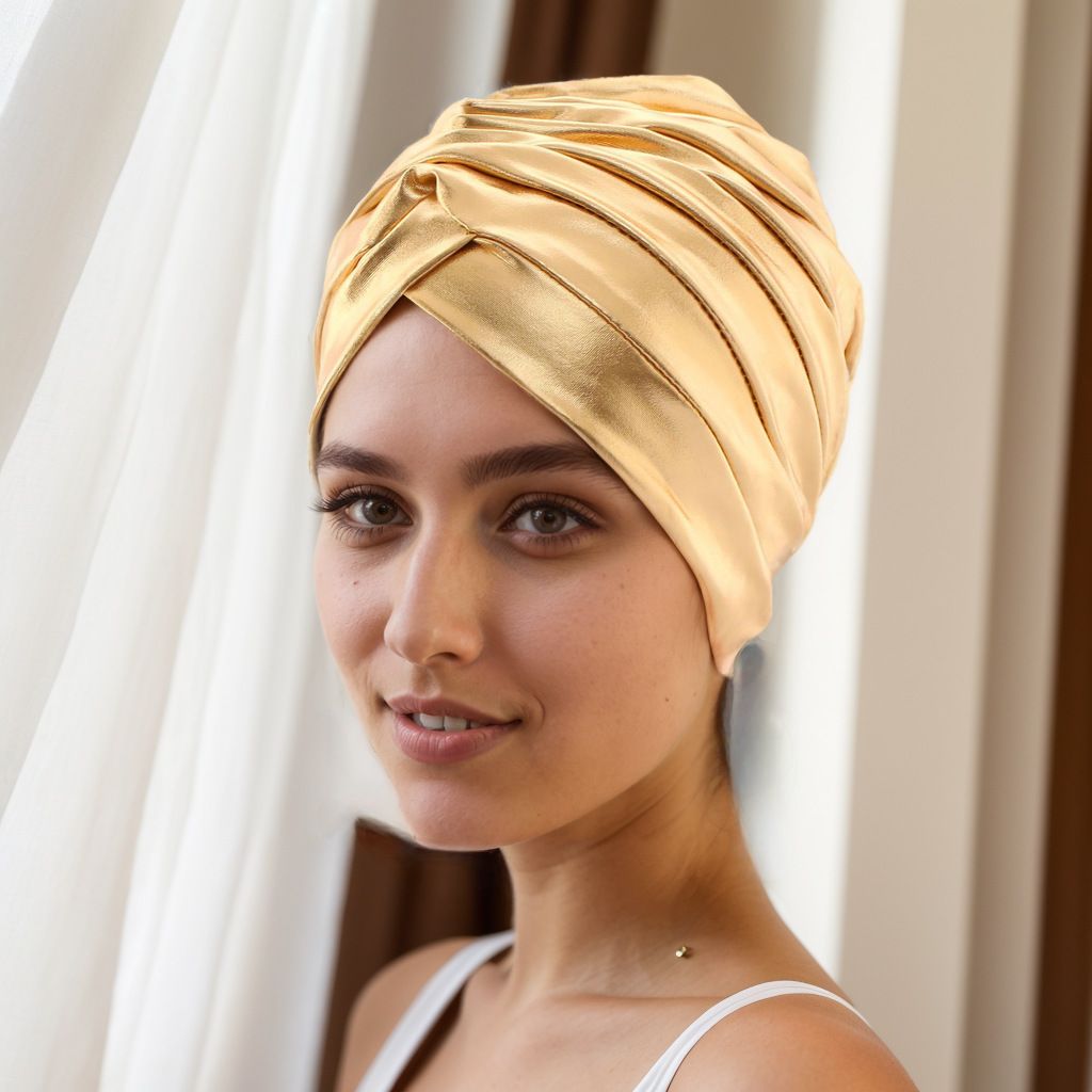 Turban Hats for Women Silk Bronzing Light Plate Landlord African Indian Landlord Muslim Scarfs Head Wrap Headwear Black Pink - - One Size