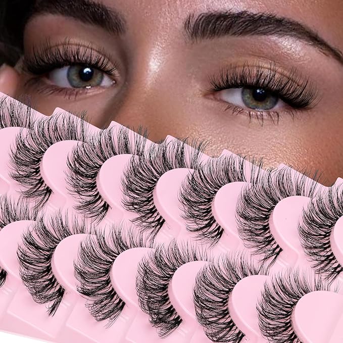 Strip D Curl Lashes, Fluffy 17mm Fake Faux Mink Lashes that Look Like Extensions Curly Volume Wispy Eyelashes Natural Look 10 Pairs Pack