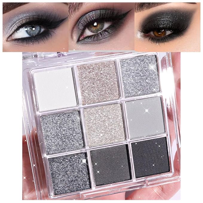 Colors Silver Gray Glitter Eyeshadow Palette, Black Smokey Grey and Silver White Sparkle Glitter Shimmer Shiny Eye Shadow Palette Makeup kit for older Women, High Pigment Waterproof eyeshadow
