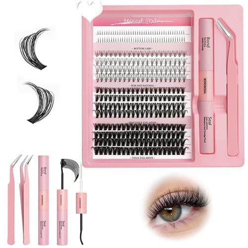 DIY Lash Extension Kit,Wispy Lash Clusters Kit,Mixed Natural Cluster Eyelash Extension Kit,Individual Lashes With Lash Bond And Seal Lash Tweezers 5ML,Natural Eyelash Clusters for Valentine's Day