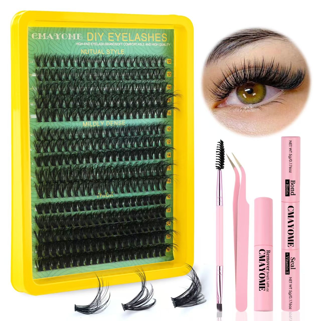 Fluffy Lash Extension Kit DIY Individual Eyelashes Kit 80D+100D Cluster Lashes with Bond and Seal Lash Glue Tweezers 10-16mm D-Curly Volume Eyelash Extensions DIY Lashes Extension Kit