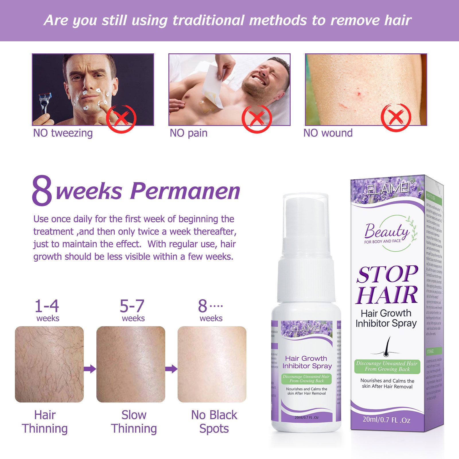 2pcs Hair Inhibitor for Face, Permanent Hair Growth Inhibitor Non-Irritating Stop Hair Growth for Body, Bikini, Arm, Armpit, Leg, Slows Hair Regrowth Lavender Flavor 20ml