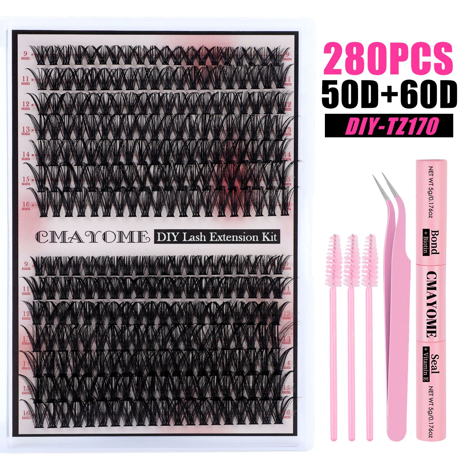 DIY Lash Extension Kit Natural Lash Clusters 50D-100D Mix 9-16 mm D lndividual Lashes Lash Remover 280 pcs Wispy Eyelash Extension Kit with Lash Bond and Seal and Lash Tweezers