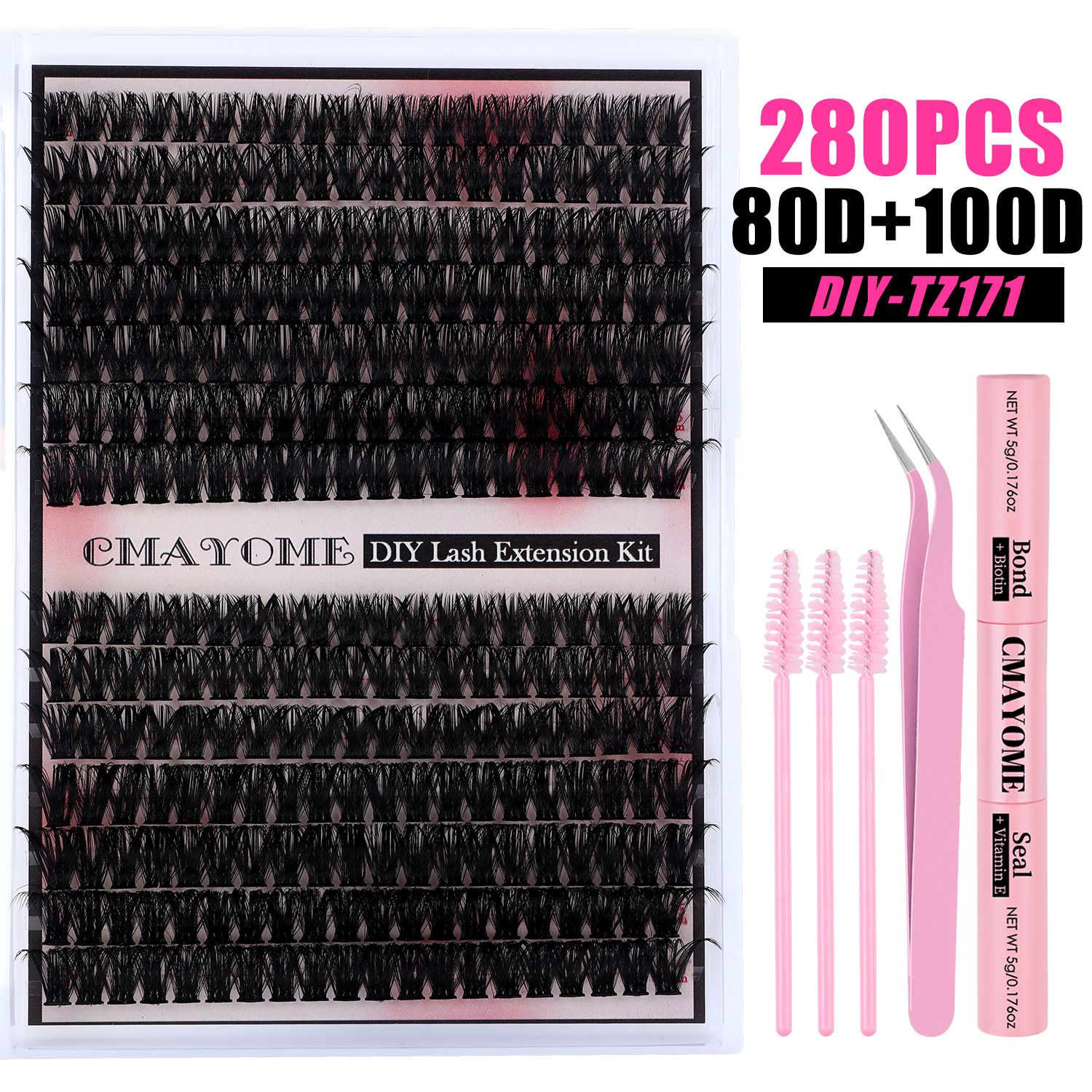DIY Lash Extension Kit Natural Lash Clusters 50D-100D Mix 9-16 mm D lndividual Lashes Lash Remover 280 pcs Wispy Eyelash Extension Kit with Lash Bond and Seal and Lash Tweezers