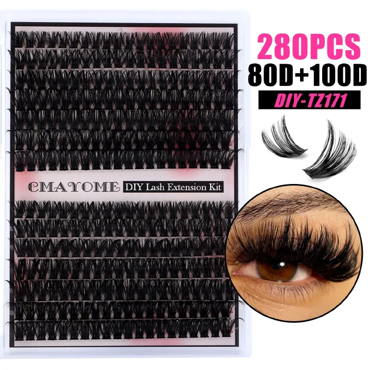DIY Lash Extension Kit Natural Lash Clusters 50D-100D Mix 9-16 mm D lndividual Lashes Lash Remover 280 pcs Wispy Eyelash Extension Kit with Lash Bond and Seal and Lash Tweezers