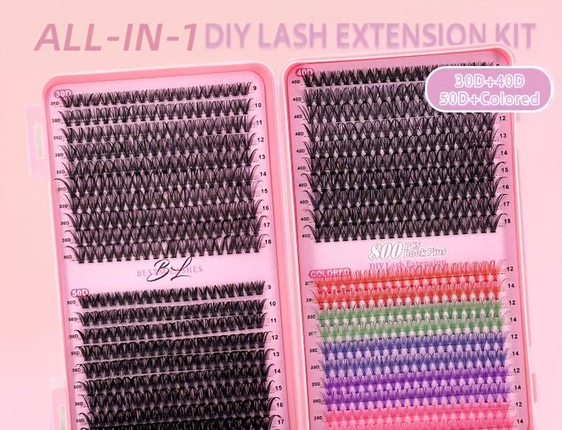 DIY Color Lash Extension Kit , 800pc Fluffy Colored Lash Clusters with D-Curl Eyelashes Volume, Individual Lashes With Lash Bond And Seal Lash Tweezers for Home Salon & Waterproof Wear