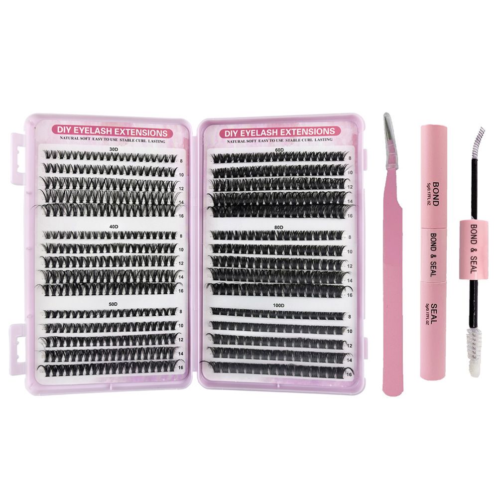 DIY Volume Lash Clusters Thick Eyelash Extension Kit， Individual Lashes Thin Band Lash Bond and Seal Lash Tweezers
