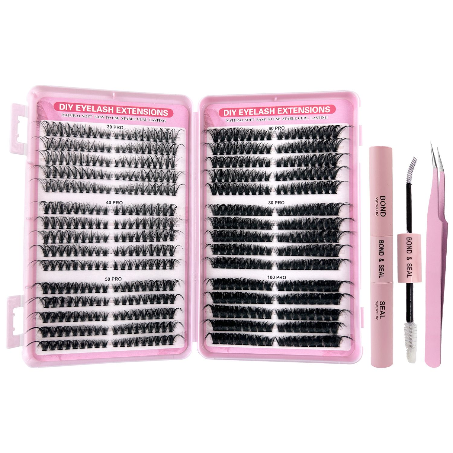 DIY Volume Lash Clusters Thick Eyelash Extension Kit， Individual Lashes Thin Band Lash Bond and Seal Lash Tweezers