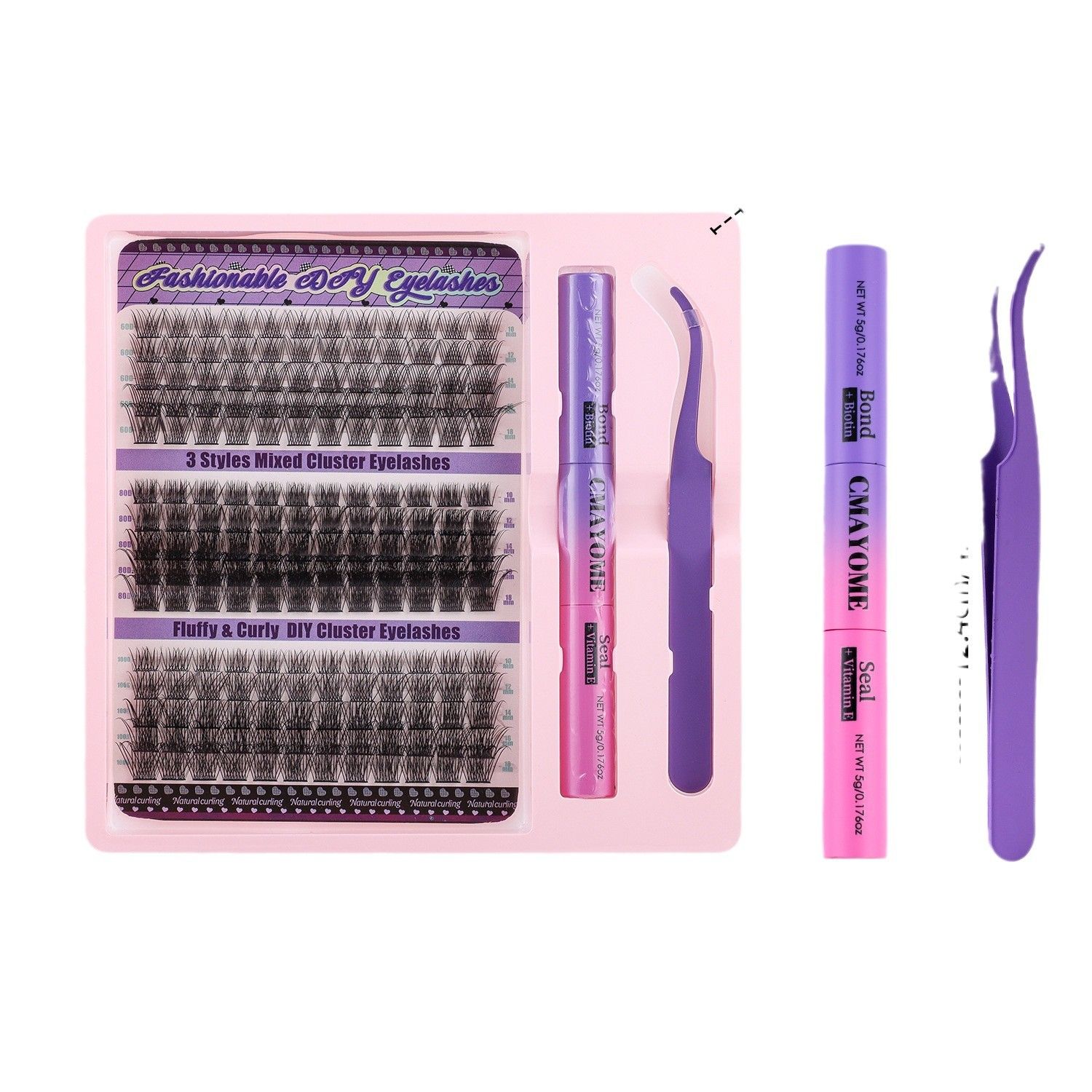 DIY Eyelash Extension Kit 3 Style Curl Fluffy Wispy Lash Clusters Individual Lashes Lash Extension Kit with Lash Bond and Seal Applicator Tool D Curl Lash Clusters (Pink Set)