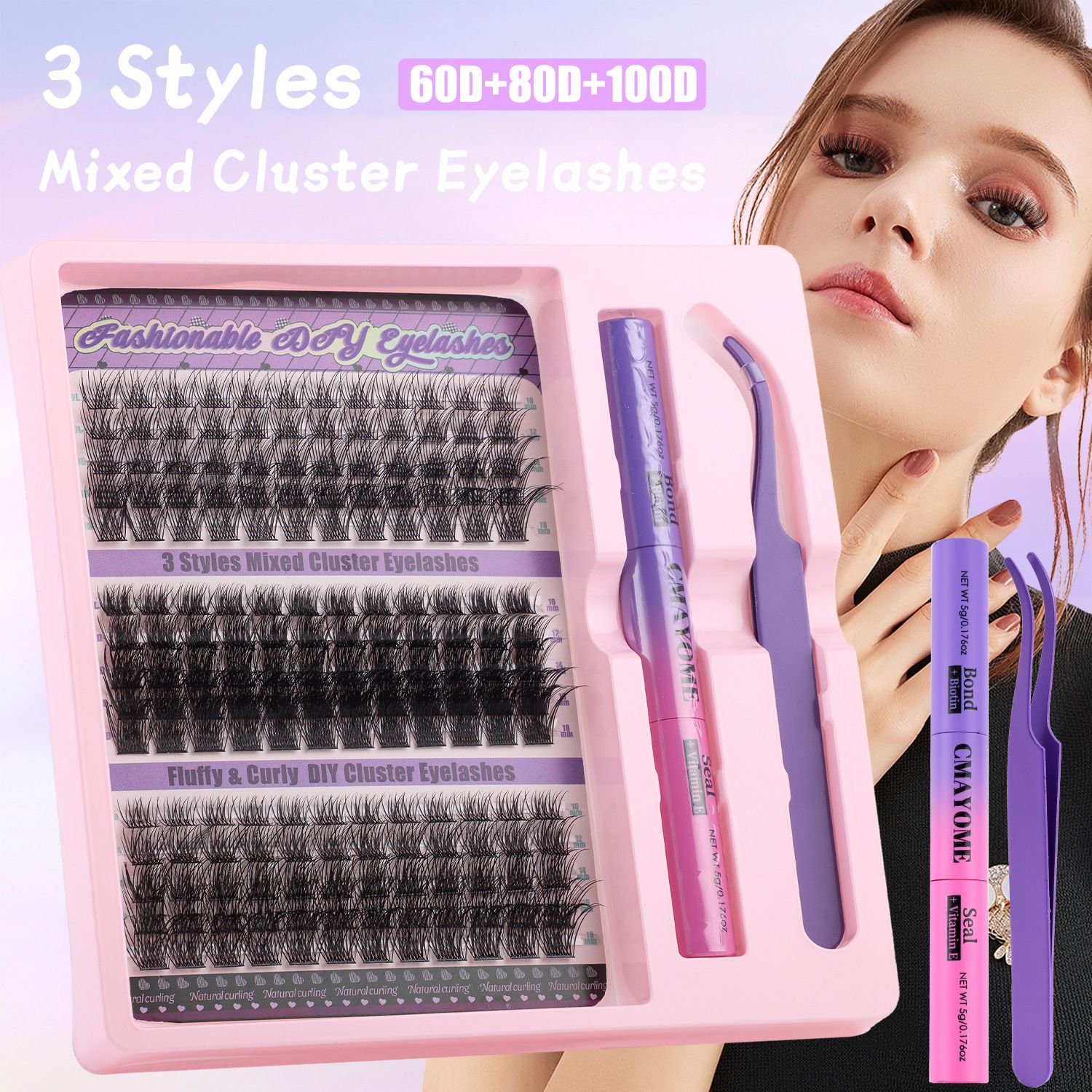 DIY Eyelash Extension Kit 3 Style Curl Fluffy Wispy Lash Clusters Individual Lashes Lash Extension Kit with Lash Bond and Seal Applicator Tool D Curl Lash Clusters (Pink Set)