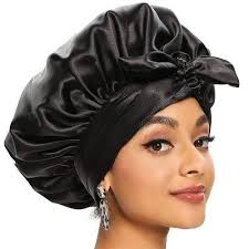 New Large Satin Bonnet Silk Night Sleeping Cap Long Satin Bonnet With Head Tie Band Bonnet Edge Wrap For Women Curly Braid Hair-Black