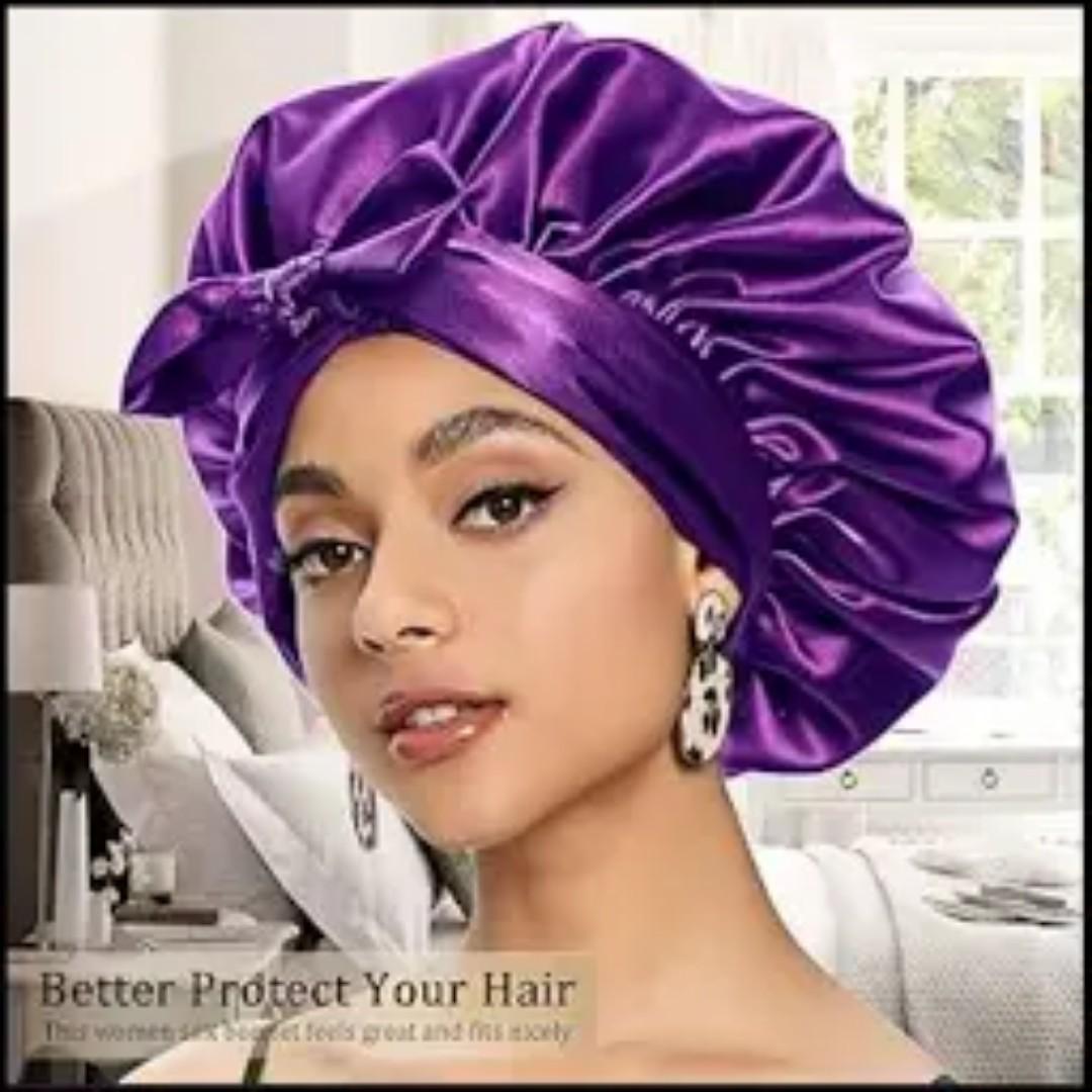 Extra Large Satin Bonnet For Women Jumbo Hair Bonnet tie band -PURPLE