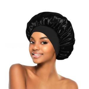 New Extra Large Wide Band Satin Hair Bonnet Sleeping Cap Hair Bonnet Satin Bonet Silk Bonnet Hair Cap with Elastic Band- Black
