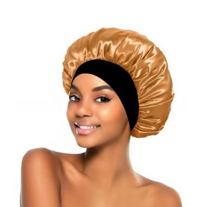 New Extra Large Wide Band Satin Bonet Silk Bonnet Hair Cap with Elastic Band- Gold