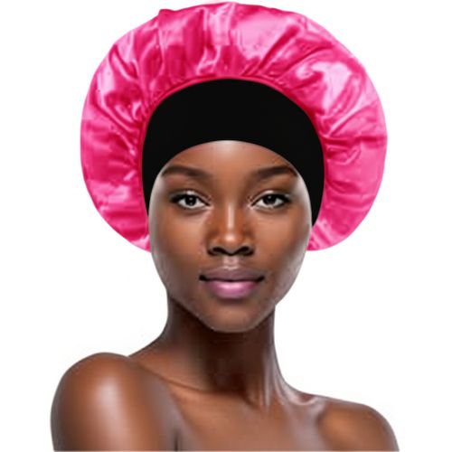 New Extra Large Wide Band Satin Bonet Silk Bonnet Hair Cap with Elastic Band- Hot pink