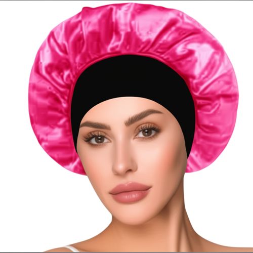 New Extra Large Wide Band Satin Bonet Silk Bonnet Hair Cap with Elastic Band- Hot pink