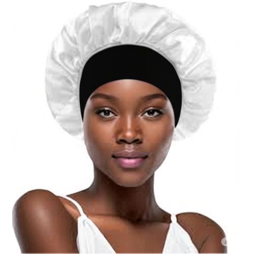 New Extra Large Wide Band  Satin Bonet Silk Bonnet Hair Cap with Elastic Band- white