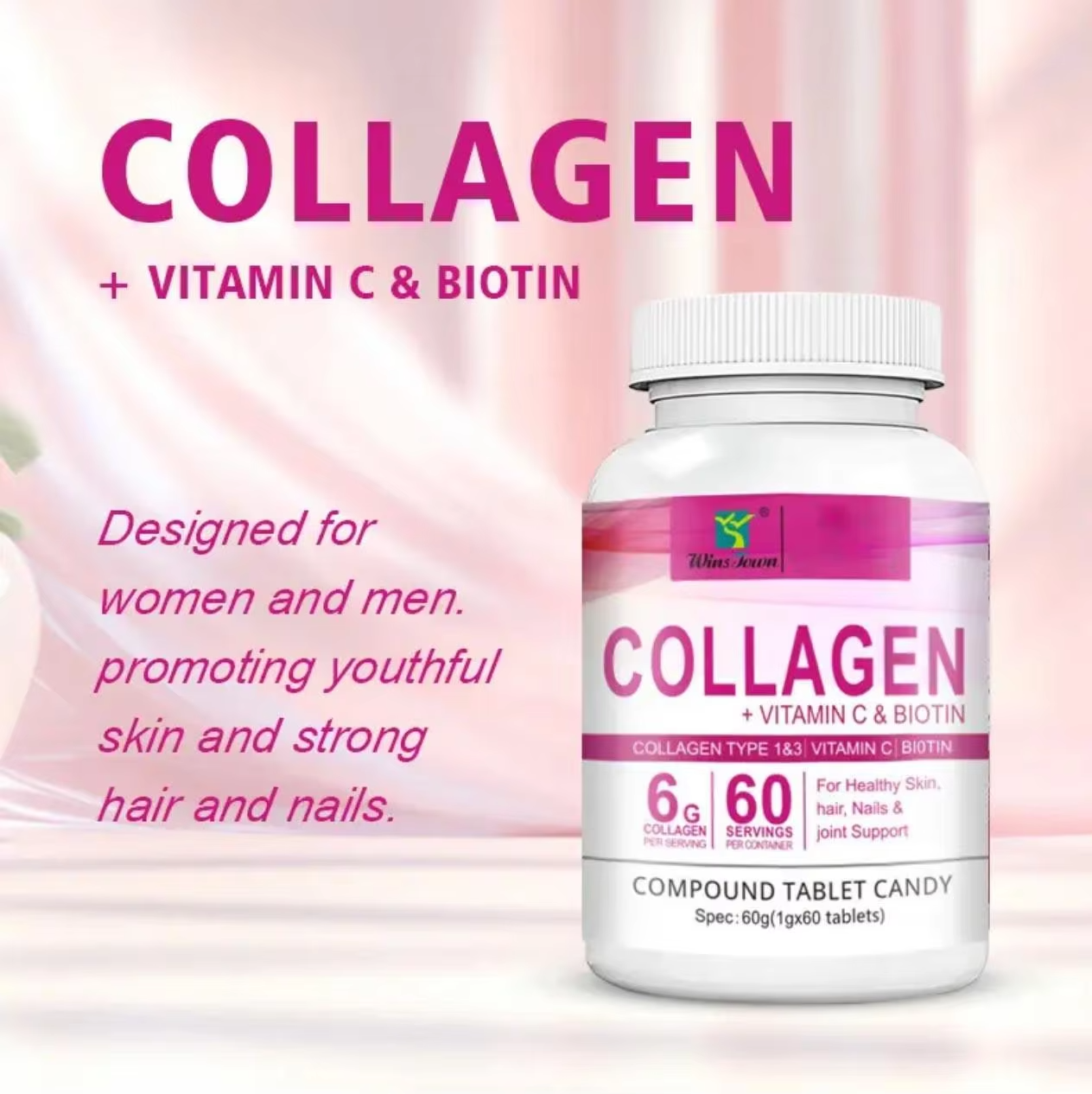 Multi Collagen Type 1 2 3 4 5 With Biotin, Vitamin C, and Hyaluronic Acid supports skin hydration, elasticity, and youthful radiance while strengthening hair & nails