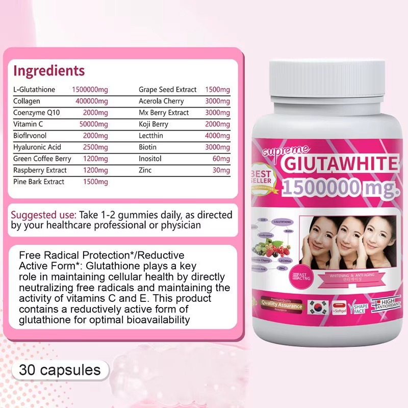 Supreme Gluta White 1500000mg Glutathione Softgels For Skin Lightening, Skin Moisturizer, Collagen Stimulator Healthy Blood Circulation | L-Glutathio Moisturizing