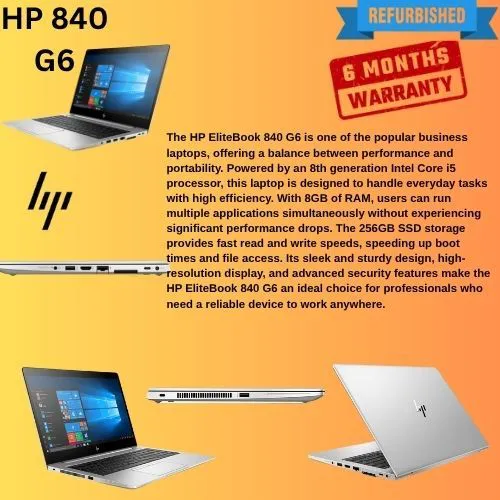 HP ELITEBOOK 840 G6 COI5 8TH GENERATION 8GBRAM 256GBSSD
Processor: Intel Core i5 (8th or 9th generation)
RAM: 8GB DDR4 (expandable)
Storage: 256GB SSD (Solid State Drive)
Display: 14-inch diagonal