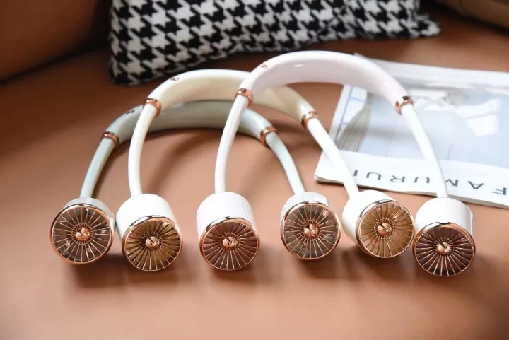 🔥Gold Hanging Neck Small Fan USB Charging Three-speed Adjustable Summer Portable silent Outdoor Electric Neck Fan, Home, Office, Indoor, Outdoor, Small leafless Neck Fan