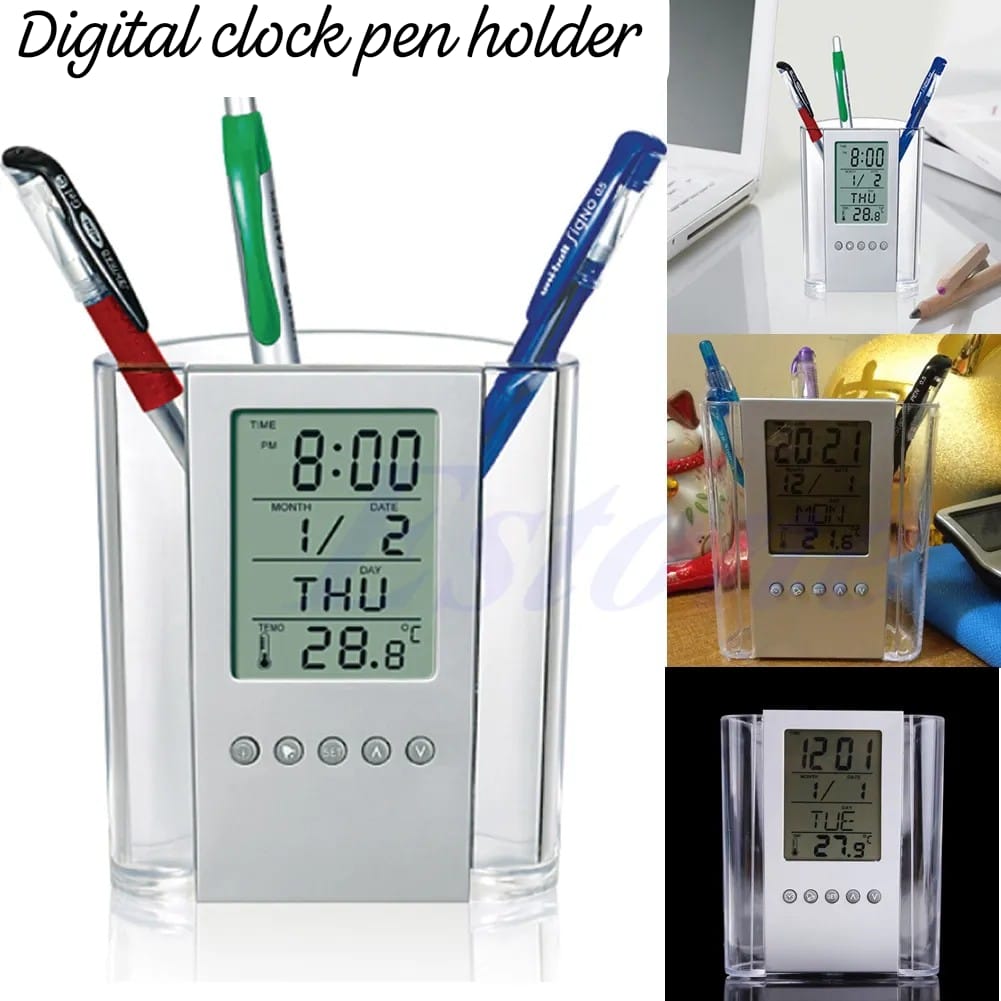 🔥Pen Pencil Holder/organizer, Digital LCD Desk Pen Holder, Calendar, Timer, clock, thermometer Desktop Electronic Office stationary organizer, office giftset, bedroom table organizer, can be branded