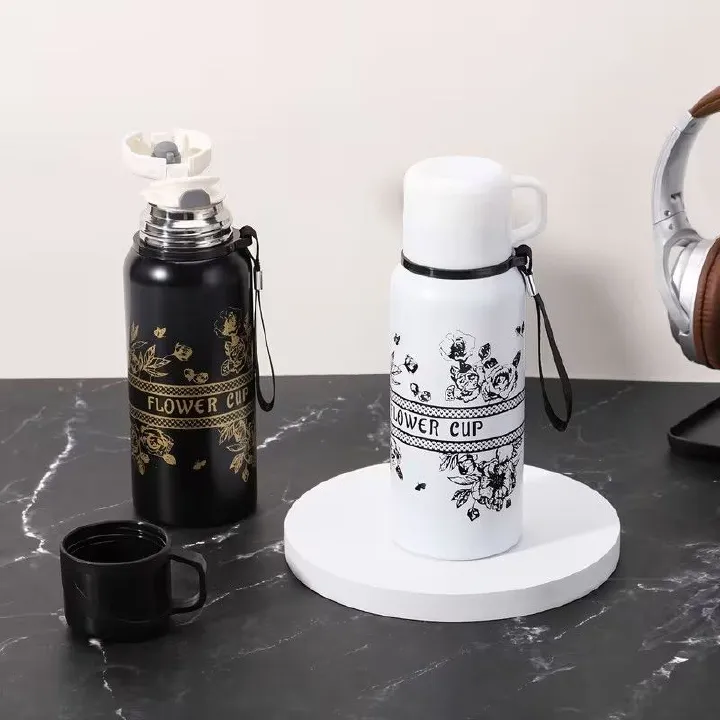 🔥 Capacity black flower cup Vacuum flask, High Color Value Outdoor Travel Coffee Tea Mug New Vacuum Bottle