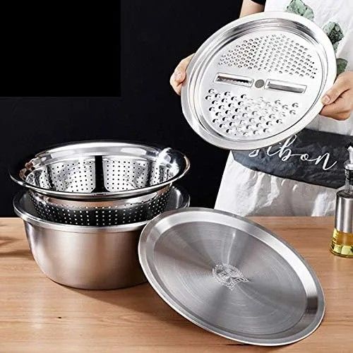 🔥4PCS  Set  colander Stainless Steel Bowl with Lid, Kitchen Cooking Salad Mixing Bowls Set Washing Drain Basket Soup Basin Strainer