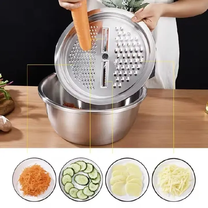 🔥4PCS  Set  colander Stainless Steel Bowl with Lid, Kitchen Cooking Salad Mixing Bowls Set Washing Drain Basket Soup Basin Strainer