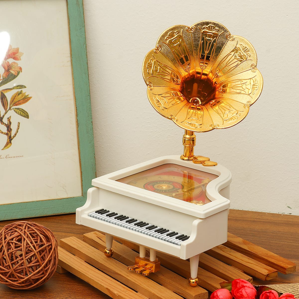 🔥Loud Vintage Retro Music Box Piano Phonograph Gold Trumpet Horn Home Decoration White with Melody sounds