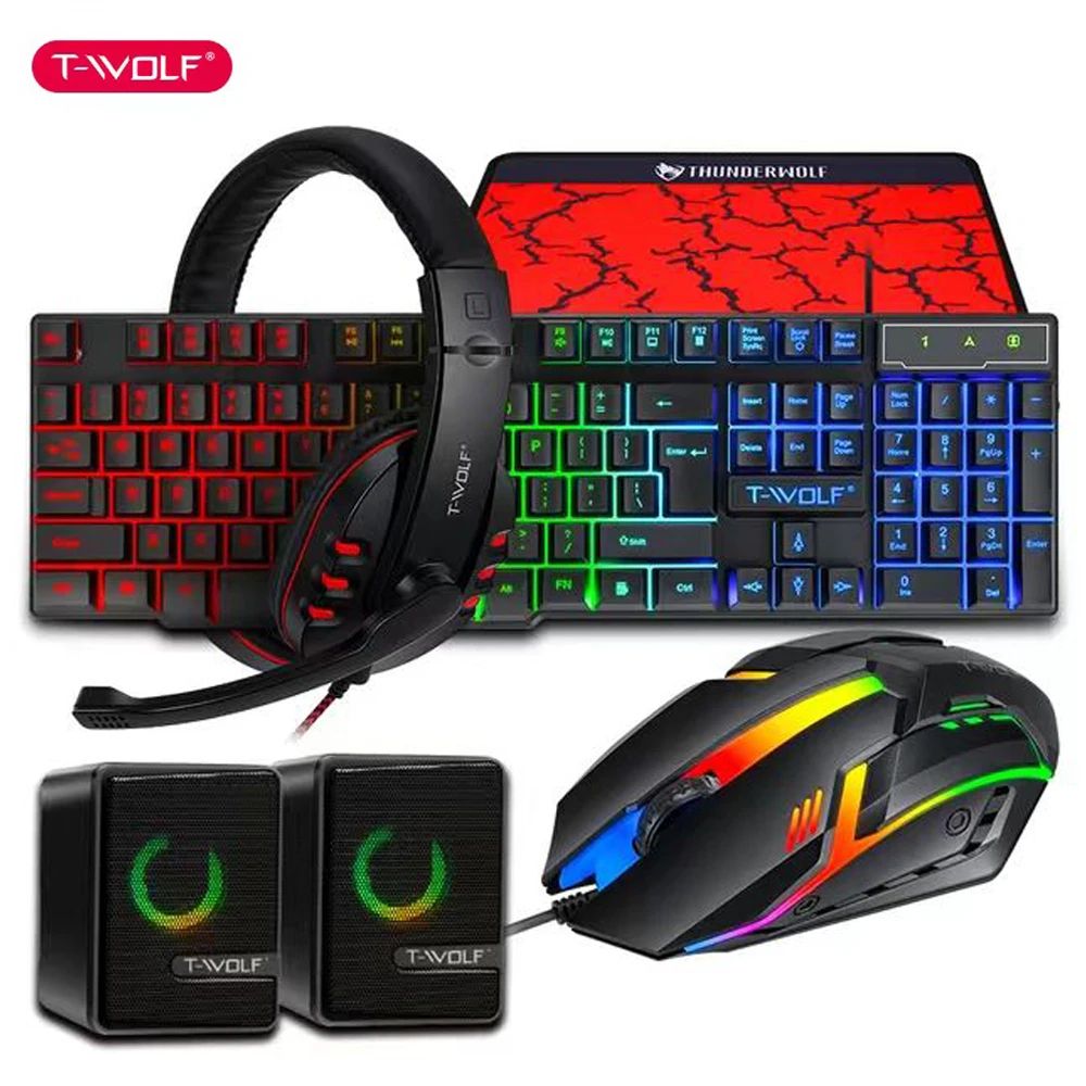 Lunar TWOLF TF850 5 in 1 Gift Laptop Gaming Teclado Keyboard and Mouse Speaker Headphones Pads Combos Kit Gaming for PC Gamer