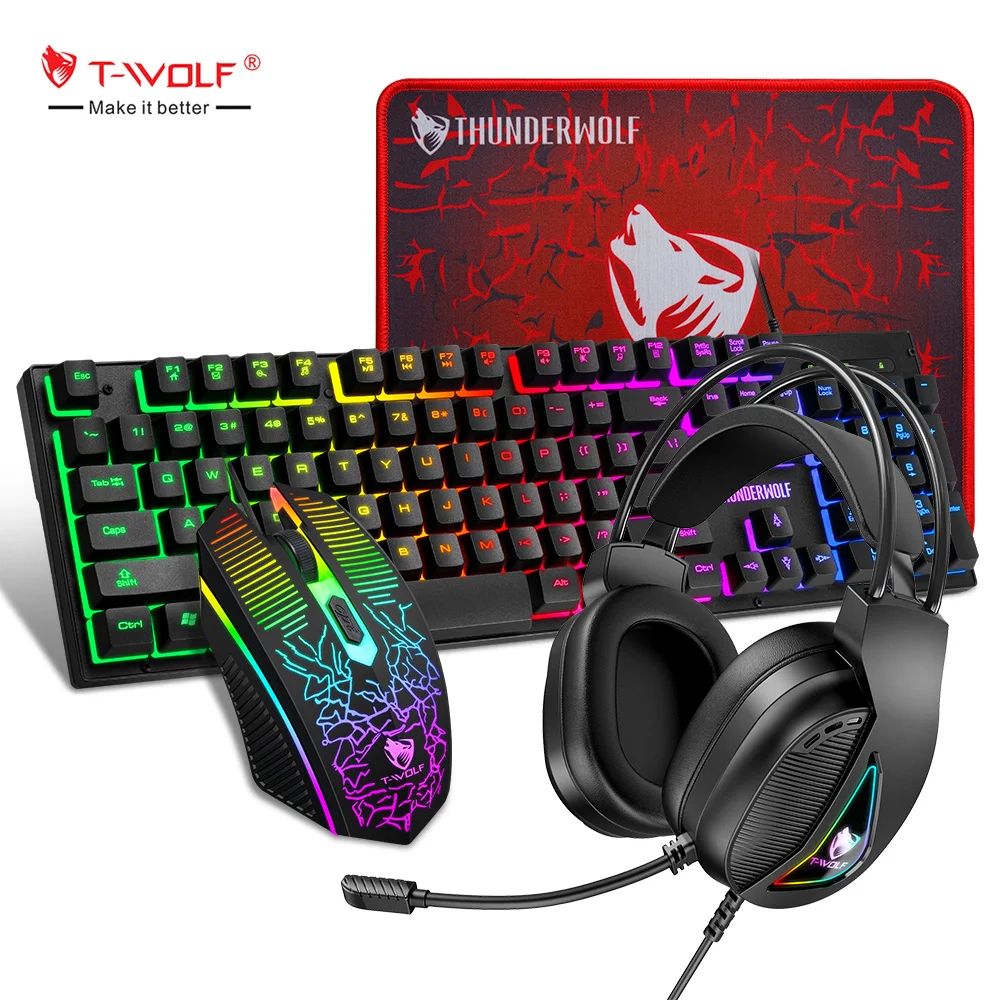 4 in 1 Gaming Keyboard and Mouse and Gaming Headset and Mouse Pad Wired LED RGB Backlight Keyboard Combo for Desktop Computer PC