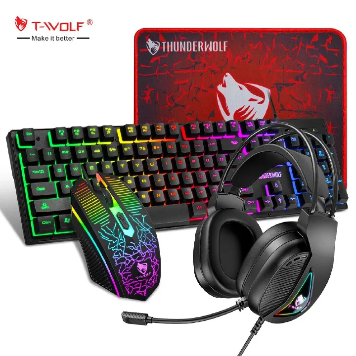 4 in 1 Gaming Keyboard and Mouse and Gaming Headset and Mouse Pad Wired LED RGB Backlight Keyboard Combo for Desktop Computer PC