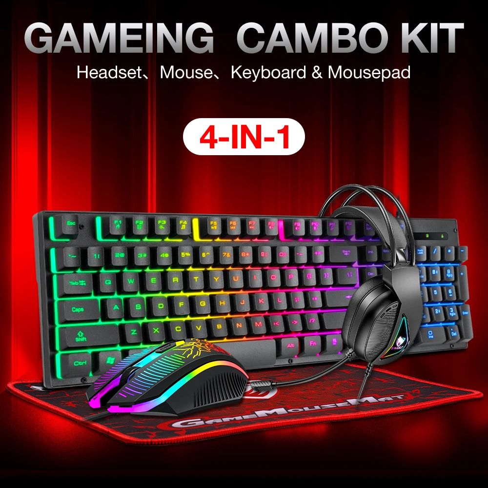 4 in 1 Gaming Keyboard and Mouse and Gaming Headset and Mouse Pad Wired LED RGB Backlight Keyboard Combo for Desktop Computer PC