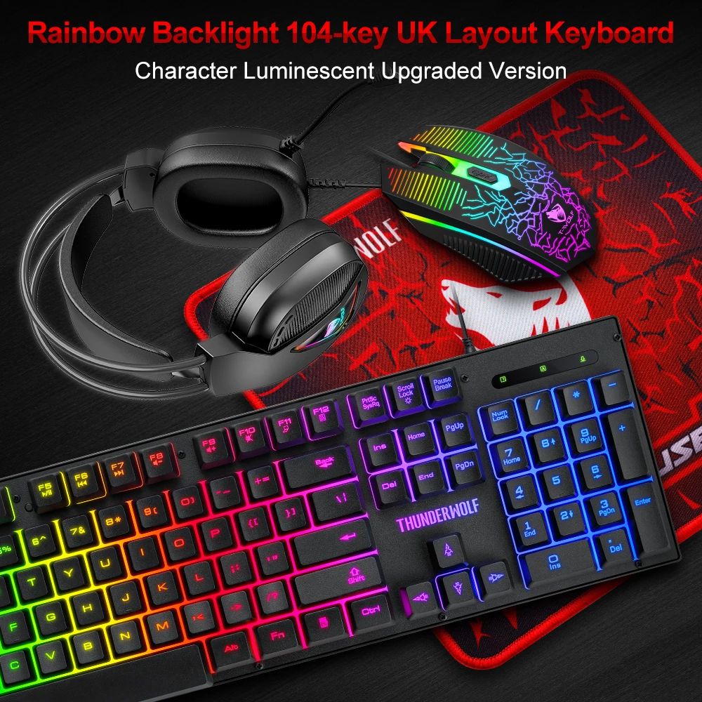 4 in 1 Gaming Keyboard and Mouse and Gaming Headset and Mouse Pad Wired LED RGB Backlight Keyboard Combo for Desktop Computer PC