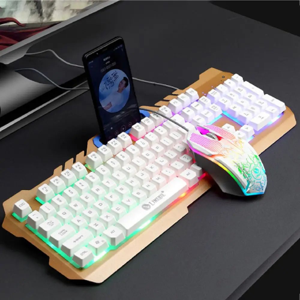 T21 Cool Back Light Gaming Mechanical Keyboard Feel Metal Phone Holder Wired Keyboard Mouse Set