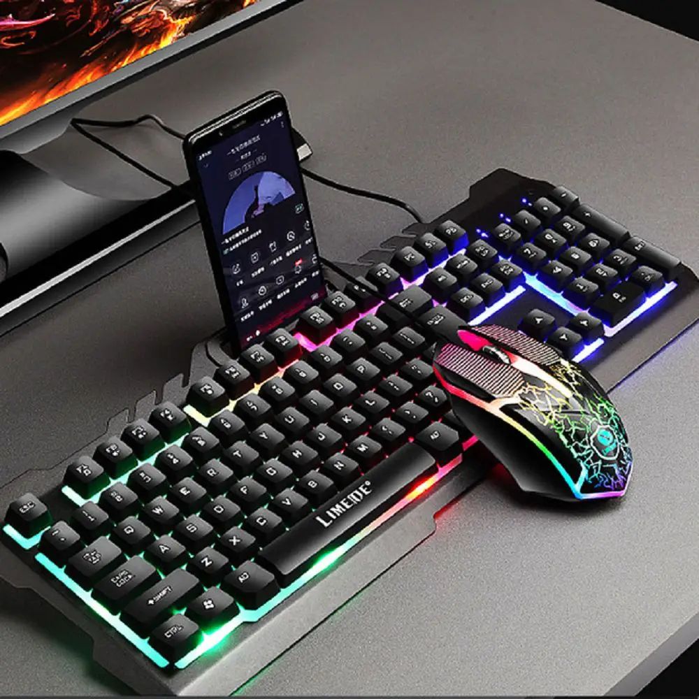 T21 Cool Back Light Gaming Mechanical Keyboard Feel Metal Phone Holder Wired Keyboard Mouse Set