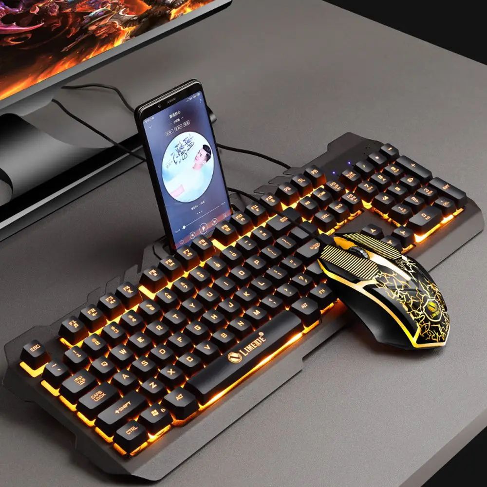 T21 Cool Back Light Gaming Mechanical Keyboard Feel Metal Phone Holder Wired Keyboard Mouse Set