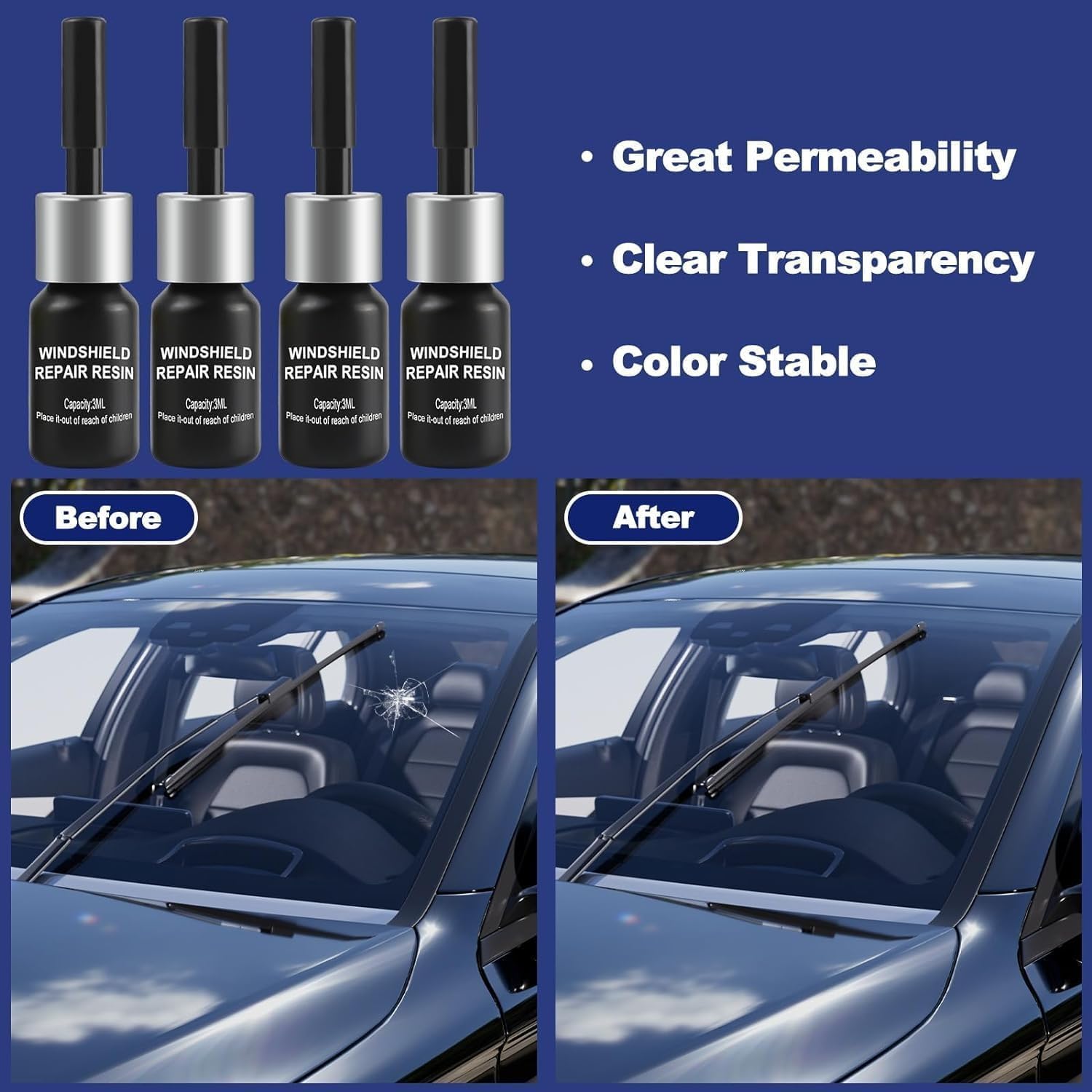 Veteran Car Windshield Glass Repair Kit – DIY Crack and Chip Fix Resin with Suction Applicator Tool for Quick Windshield Restoration