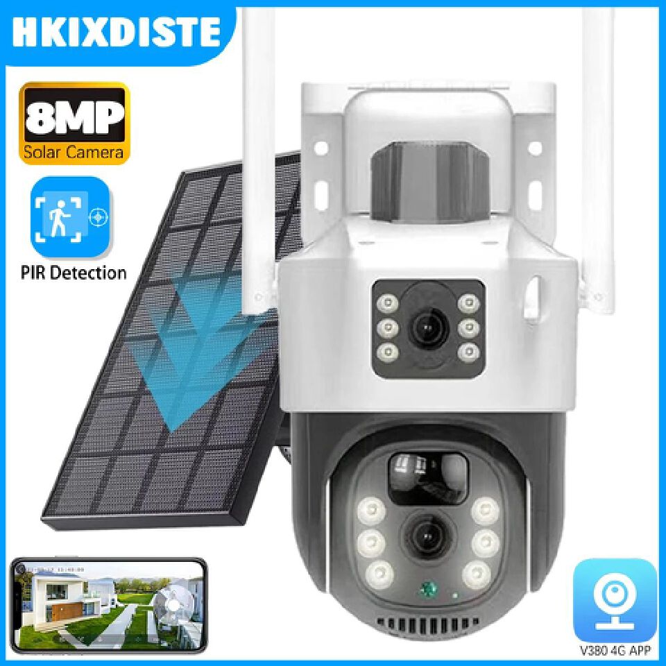 Solar PTZ Camera 4G SIM card Outdoor Dual Lens Wi-Fi 8MP 4K IP Camera Solar Panel CCTV Security Built in Battery PIR Cam V380 Pro