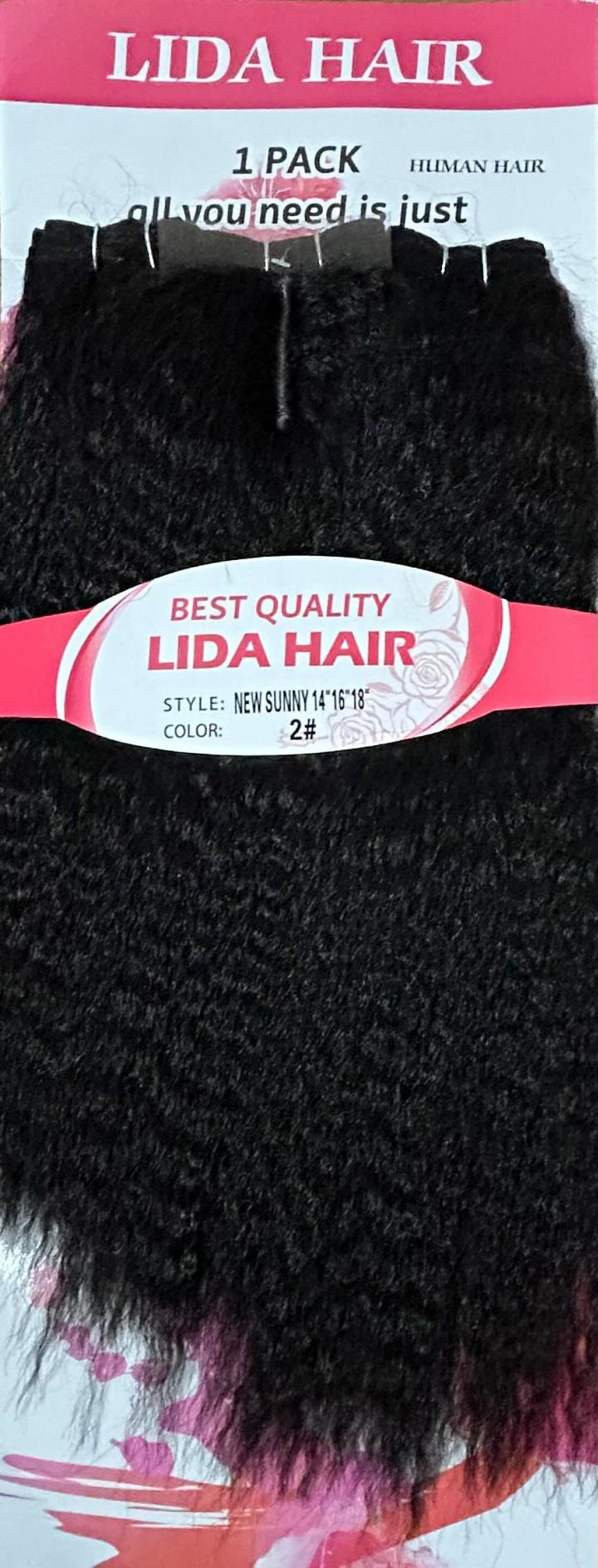 LIDA premium hair, New Sunny style Natural Kinky, 3 in 1 pack, 14" 16" 18"  with frontal closure, washable and great for wigs and weaves.