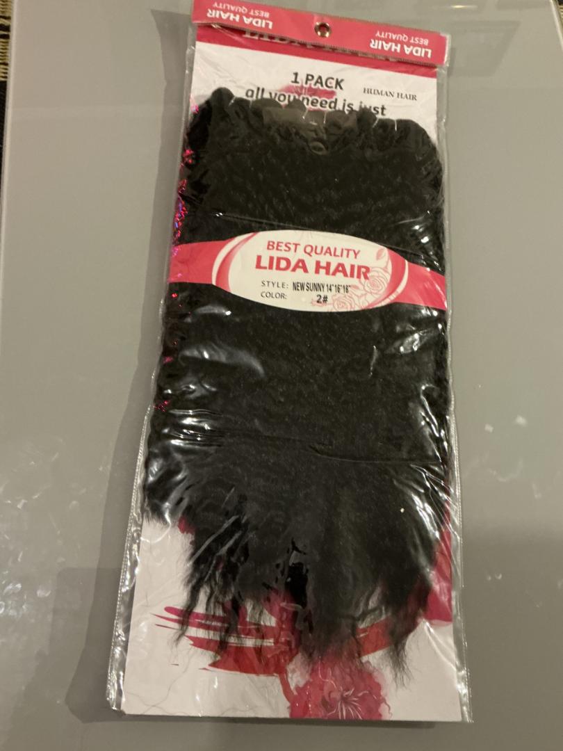 LIDA premium hair, New Sunny style Natural Kinky, 3 in 1 pack, 14" 16" 18"  with frontal closure, washable and great for wigs and weaves.