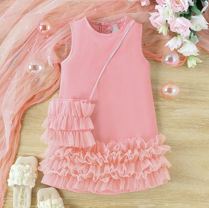 Summer dress for girls in children's clothing. It's a sleeveless A-line princess dress with a tiered cake-style tulle skirt, and it comes with a bag