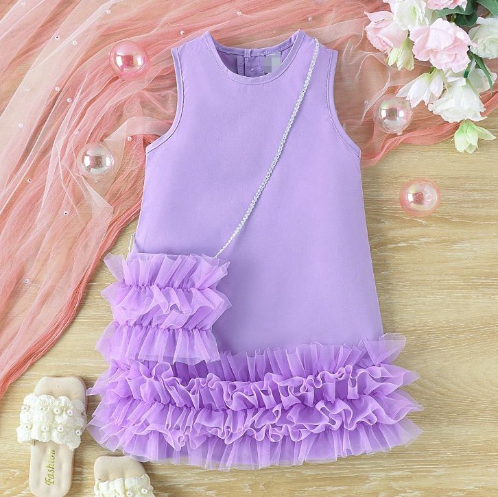 Summer dress for girls in children's clothing. It's a sleeveless A-line princess dress with a tiered cake-style tulle skirt, and it comes with a bag
